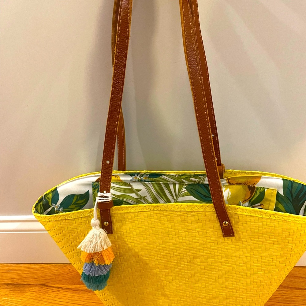 Large yellow straw woven tote with tassel and mini round rattan bag - Picture 7 of 13